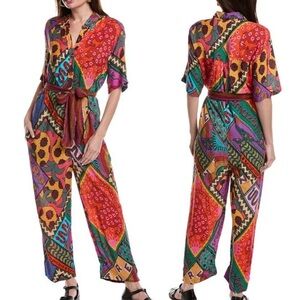 FARM Rio Dotted Patch Scarf Uni Jumpsuit Size Small Green Short Sleeve Tropical